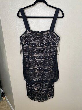 R&M Richards Womans Black Lace Overlay Dress Plus Size 14W Sleeveless polyester